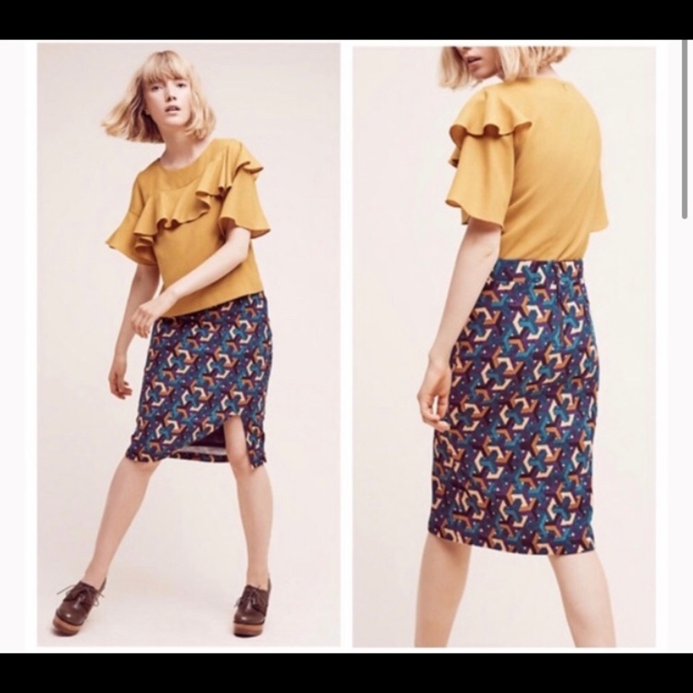 Anthropologie Geometric Print Pencil Skirt in Navy and Mustard